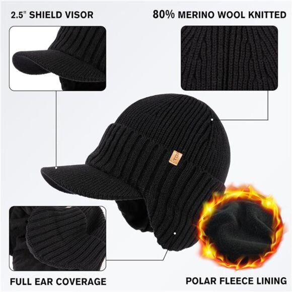 New Waterproof Merino Wool Beanie Hat with Brim Ear Flaps Fleece - Picture 3 of 4